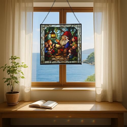 Gnome Storyteller Stained Glass Suncatcher – Square Hanging Window Panel for Home, Garden, Nursery, Halloween, Christmas, Memorial Day – Whimsical Glass Art Gift for Gnome Lovers 6ue5qx - Image 6