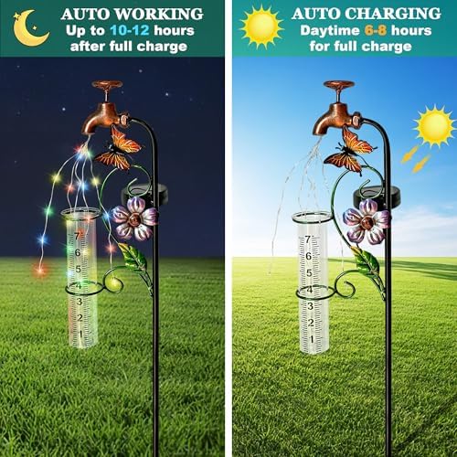 37in Solar Butterfly Rain Gauge Copper Faucet Metal Garden Stake Decor - Image 2