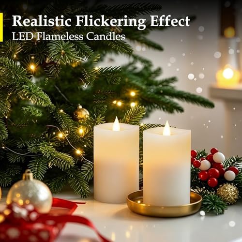 3"x5" Flickering Flameless Candles with Remote Timer- Set of 2 Real Wax White Pillar LED Candles for Indoor/Outdoor Fireplace & Home Decor, Battery Operated with 600+ Hours Flickering (3" Diameter) - Image 4