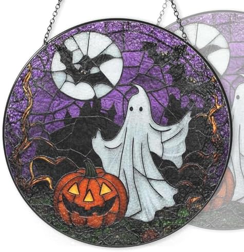 9.84 Inch Stained Glass Window Hanging Ghost Pumpkin Bats Moon Sun Catchers Spooky Halloween Suncatchers for Windows Hanging Stain Glass Decoration for Garden Outdoor Indoor Window Decor Gift by Unknown