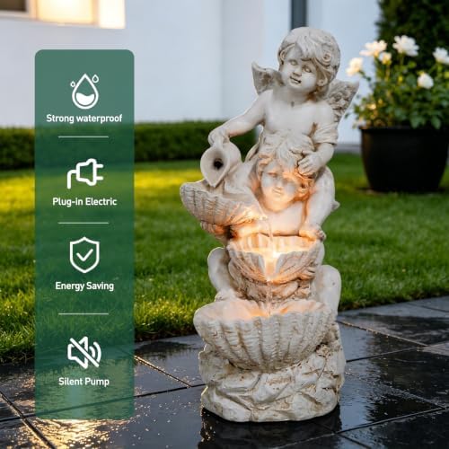 15.7" High 3-Tiers Cascading Rock Outdoor Water Fountain with LED Lights, Large Freestanding Fountains and Waterfalls for Garden, Patio, Yard, and Deck Decor with Featuring Natural Stone Look - Image 3
