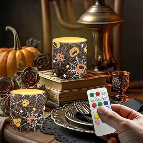 4 Pack Halloween Flickering Flameless Candles with Timers Battery Operated LED Candles with Remote Tea Lights for Trick or Treat Party Home Decorations, Pumpkin Spider Web - Image 3