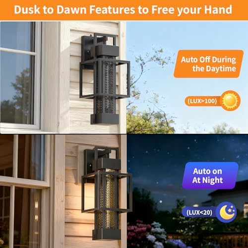 2 Pack Dusk to Dawn Outdoor Exterior Lighting Fixtures Wall Mount, Dimmable Wall Porch Lights for House, Sensor Outside Lantern Lamp, Waterproof Black Sconce Coach Lights for Garage (Bulb Included) - Image 2