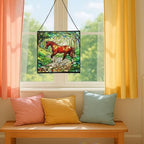 Chestnut Standardbred Horse Trotting Down Hillside Road Square Suncatcher – Stained Glass Style Window Panel with Pastoral Scene, Custom Decorative Hanging Art for Equestrian Home, Christmas gld8kR - Image 5