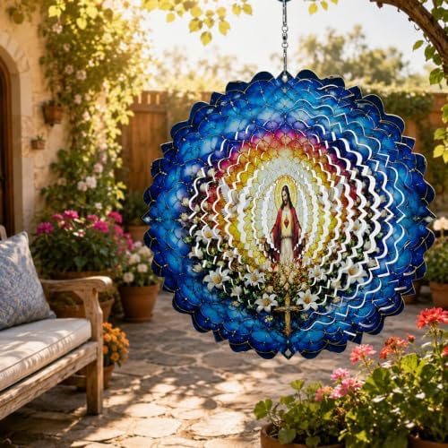 Shwing Wind Spinner 12 Inch Jesus Sacred Heart Wind Spinner Hanging Wind Sculptures Christian Faith Decor Cross Dove Metal Ornament Outdoor Kinetic Garden Art for Patio Porch Garden Decoration - Image 5