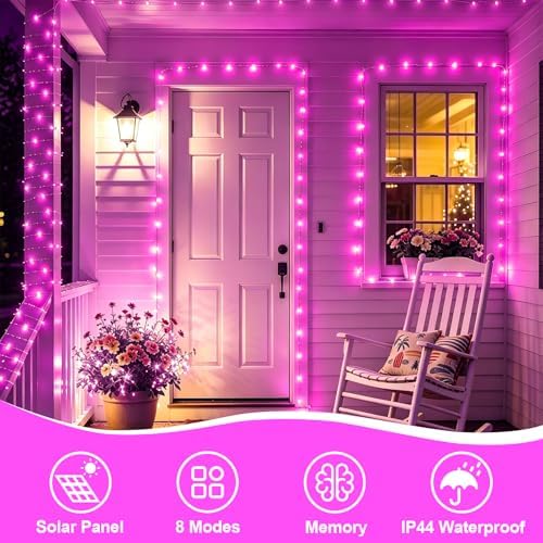 YEGUO 4 Pack Pink Solar Fairy Lights, Each 33ft 100 LED Christmas Lights Outdoor Waterproof, 8 Modes Sliver Wire Solar String Lights - Image 3