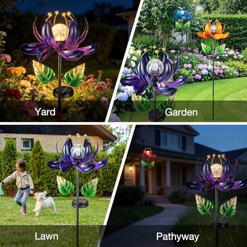 AIINY Solar Purple Metal Flower Wind Spinners, Colorful Spinning Windmill Lotus Yard Art Lights with LED Crystal Ball Decorative Stake Lighting Flower Sculpture - Image 3