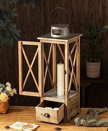 TIMRIS Large Farmhouse Wooden Candle Lantern Set of 2, Rustic Floor Candle Lanterns with Drawer, Vintage Hurricane Lantern Holder for Indoor Outdoor Decor (No Glass) - Image 2