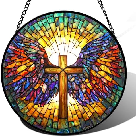 Christian Cross Wings Stained Glass Window Hanging Suncatcher Gifts 15" by DASTOLL