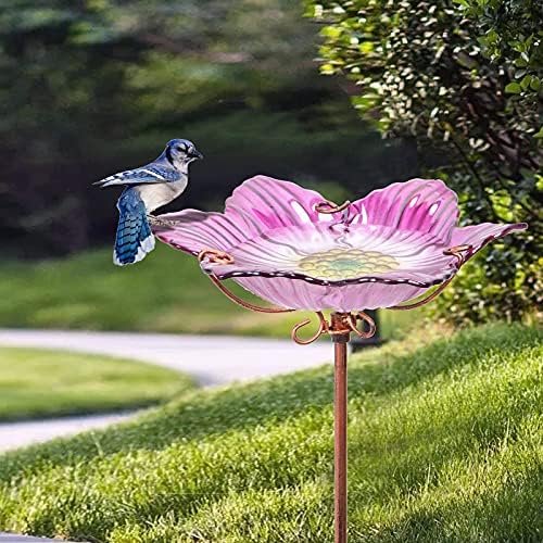 26" Glass Bird Bath, Outdoor Birdbath Bird Feeder Pink Flower Metal Stake - Image 4