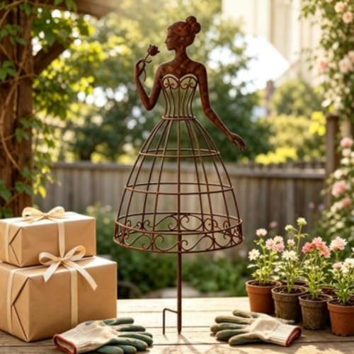 Metal Lady Garden Trellis for Climbing Plants, Decorative Dress‑Shaped Plant Support Stake, Vintage Rust‑Finish Flower Trellis for Yard Lawn Patio Outdoor Decor (2) - Image 2