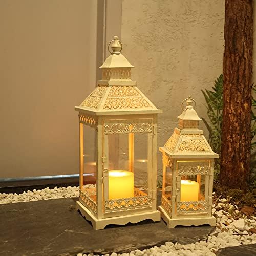 NEEDOMO Lanterns Decorative Outdoor & Indoor, Set of 2 Outdoor Lanterns for Porch,Large Square Candle Lantern, Beige Metal Frame with Glass for Fall, Christmas - Image 2