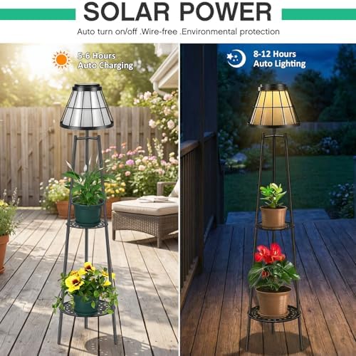 2 Pack Solar Floor Lamps Outdoor with 2-Tier Plant Stand, Metal Tall Planter Holder with Waterproof LED Lantern, Decorative Patio Light & Flower Pot Display Rack for Garden, Deck, Porch, Balcony - Image 2