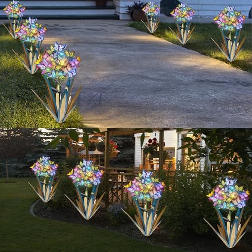 Homight Solar Metal Agave Butterfly Flower Stick Garden Sculpture - Outdoor Gift, Christmas Lights - Swaying Butterfly Garden Lights (2 PCS Blue) - Image 6