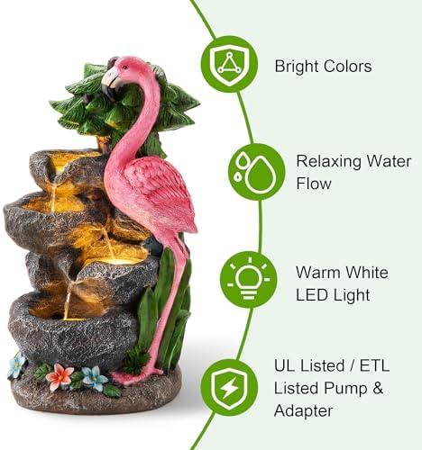 Glitzhome Outdoor Water Fountain, 4-Tiered Flamingo Outdoor Fountain with Lights, 23.5" H Polyresin Decorative Waterfall Feature Garden Fountain with Pump for Garden, Patio, Yard, Deck, Porch Decor - Image 5
