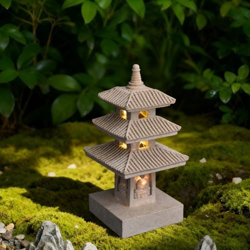 Pagoda Garden Statue, 10 Inch Weatherproof Solar Garden Decor, LED Light Zen Japanese Lantern for Backyard Balcony Patio Lawn Yard, Khaki, Ornaments de Jardin - Image 4