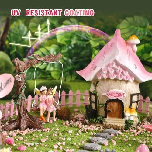 DONABELA Fairy Garden Decor Kit Pink Resin Miniature House Figurines Set Swing Directional Sign Bird Drinking Pool Fence Little Mushroom Outdoor Tiny Accessories Supplies - Image 5