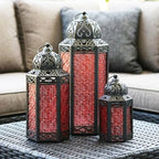 Vela Lanterns Decorative Outdoor for Patio/Porch - Floor Moroccan Candle Holder Set of 3 - Turkish Lamps, Table Centerpieces, Hanging Outdoor Decor for Wedding, Ramadan (XL, Large, Small - Red Glass) - Image 3