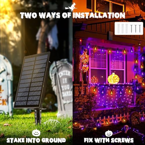 iBaycon 42FT 15 LED Solar Flame Halloween String Lights, Warm White+Purple - Image 6