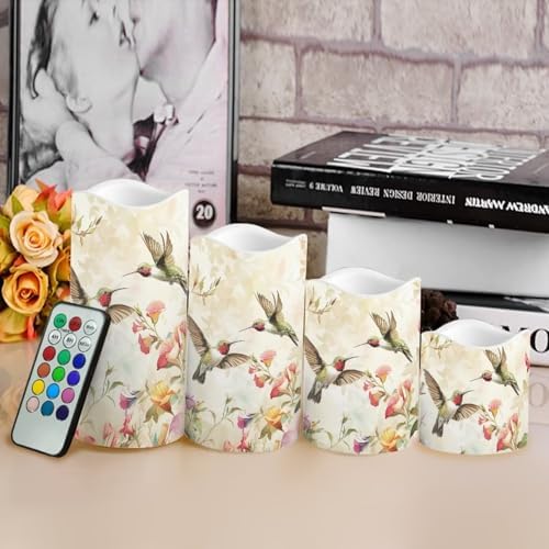 Hummingbird Floral Battery Operated Candles Set of 4 Flickering Flameless Candles with Remote and Timer Color Changing LED Electric Pillar Candles for Home Farmhouse Living Room Decor - Image 4