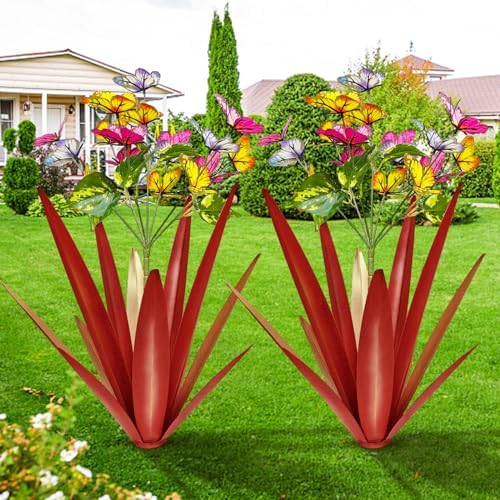 TOMBABY Garden Outdoor Butterfly Enlarge Thickened Wind Resistant Metal Agave Garden Art Metal Plant Country Sculpture Statue Decorations Ornaments Artificial Waterproof Butterflies(red 2pcs) by TOMBABY
