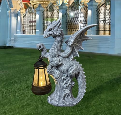 JORAE Dragon Statue with Solar Lantern Outdoor Figurine Home Decor 9.5" H by JORAE