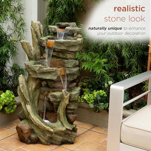 Alpine Corporation TZL292 Outdoor Floor Cascading Stone Tower Fountain, Garden Fountain with Natural Stone Look 40", Gray - Image 4