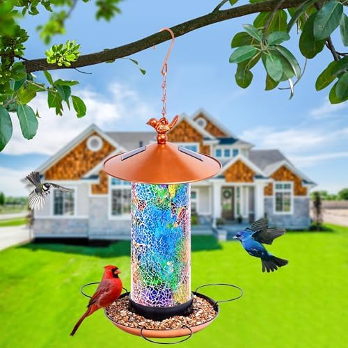 XDW-GIFTS Mosaic Solar Bird Feeder, Waterproof Lantern Shape with Hook & 4 LED Lights, Garden Decor for Lawn, Patio, Balcony, Yard Ornament - Unique Gifts for Mom,Women,Grandma,Bird Lovers - Image 6
