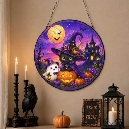 Halloween Window Hanging Suncatcher, Black Witch Cat Pumpkin Stained Glass Art Jack‑O‑Lantern, Spooky Cute Gothic Witchy Home Wall Ornament Fall Sun Catcher for Cat 11.81" - Image 5