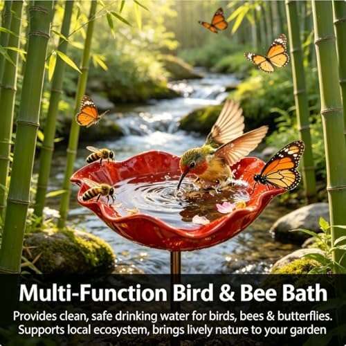 Dots Bee Blossoms for Water, 2PCS Poppy Bird Bath Stake, Outdoor Pollinator Handmade Metal Flower Garden Stake, Mini Bird Bath & Bee Watering Station for Outdoor Garden Courtyard Decor (Pink) - Image 4