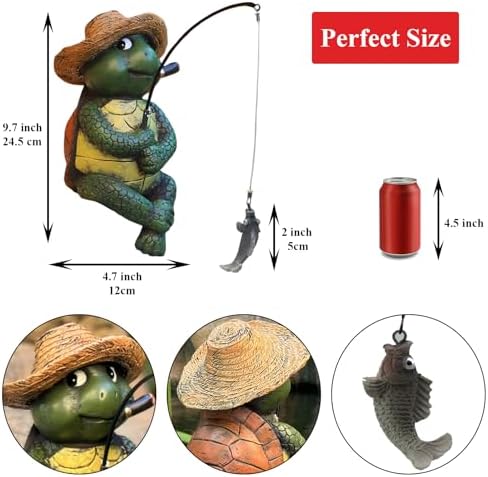 Garden Tortoise Pond Statue Decoration, Fishing Turtle Outdoor Statues for Koi Pond or Waterfall Decor, 9.5" Figurine Poolside Statue, Outdoor Decor, Gifts for Mom - Image 3