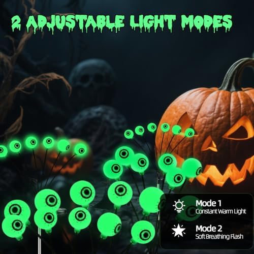 4 Pack Halloween Solar Firefly Eyeball Lights, Green Scary Outdoor Decor - Image 4