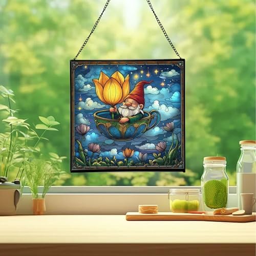 Gnome in Tulip Teacup Stained Glass Suncatcher – Square Hanging Window Panel for Home or Greenhouse – Whimsical Glass Art Gift for Garden Lovers, Christmas, Halloween, Father Days VpwJzL - Image 2