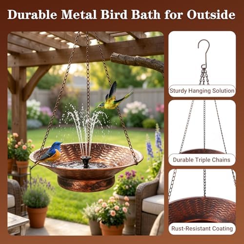 12.6" W Hanging Bird Bath with Solar Fountain, Upgraded Metal Bronze - Image 5