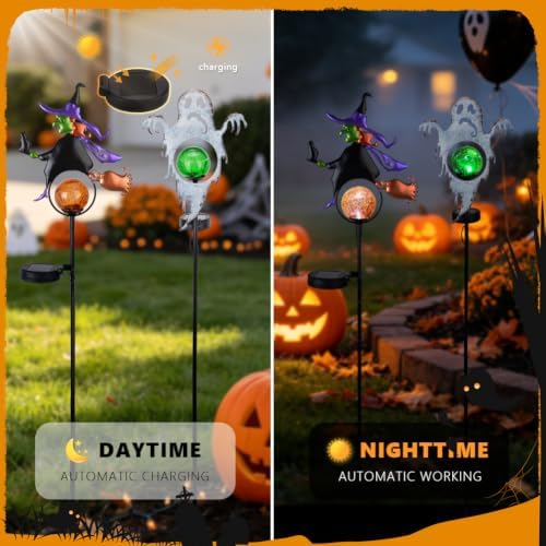 Solar Halloween Garden Stake Light 2 Pack Witch & Ghost Decorations - Image 3