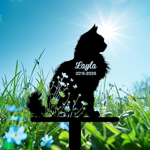 Custom Longhair Cat Memorial Stake, Floral Cat Sitting Grave Marker, Personalized Pet Loss Gift Metal Garden Plaque (Floral Cat Sitting) - Image 5