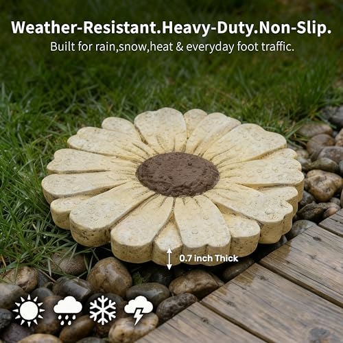 Landoraloria Cement Flower Stepping Stone 10” Daisy Garden Path Stone for Yard & Walkway Handcrafted Non-Slip Outdoor Patio Decor Weather-Resistant Cement Stone (White) - Image 2