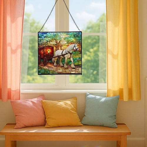 White Shire Horse Pulling Wagon at Twilight Square Suncatcher – Stained Glass Style Window Panel with Pastoral Scene, Custom Decorative Hanging Art for Equestrian Home, Christmas meyEOR - Image 5