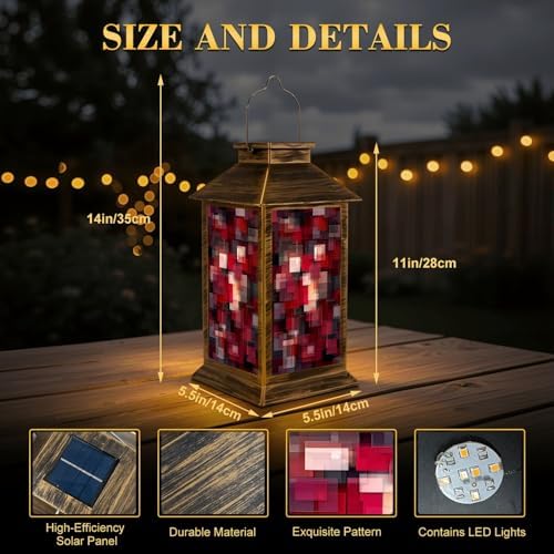 Solar Lantern Outdoor Waterproof Rectangular Creative Merry Christmas red self Chequered Checkered Garden Decor LED Hanging Solar Lights Tabletop Lamp Gifts for Women Mom Outside Yard Patio Porch - Image 2