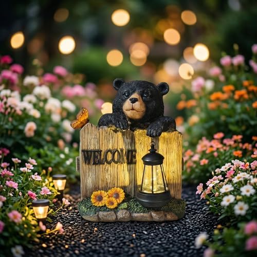 Garden Black Bear Welcome Sign with Solar Lantern, Decorative Outdoor Statue for Porch, Patio or Garden with Butterfly and Sunflowers by inhildas