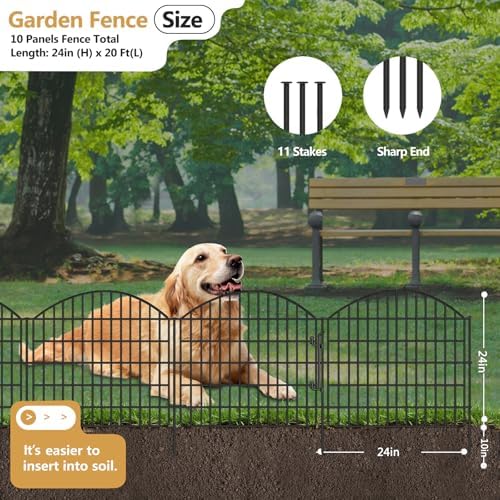 10 Panels Garden Fencing Animal Barrier with Lock, 24in (H) x 20ft (L) No Dig Dog Fence Outdoor for Yard Rustproof Decorative Fences Tall Metal Panel Wire Border Rabbit Ground Stakes - Image 2