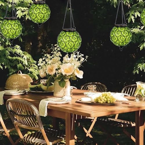 Solar Hanging Lantern Outdoor Garden Lights, Round Glass and Metal Hanging Lantern, 15 Firefly LED Lights, 7 x 20 Inch (Green) - Image 7