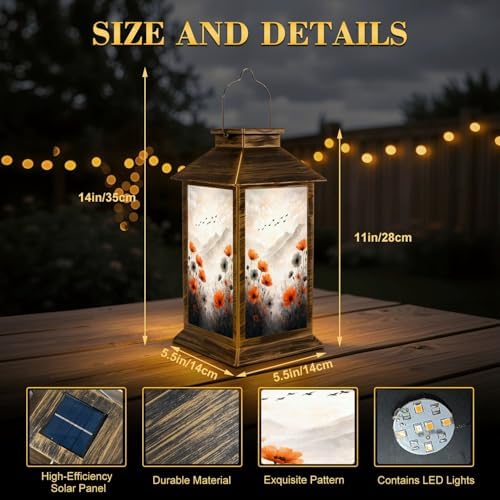Solar Lantern Outdoor Waterproof Flowers Landscape Farmhouse Paintings Aesthetic Orange Grey Birds Garden Decor LED Solar Lights Hanging/Tabletop Lamp Gifts for Women Mom for Outside Yard Patio - Image 2