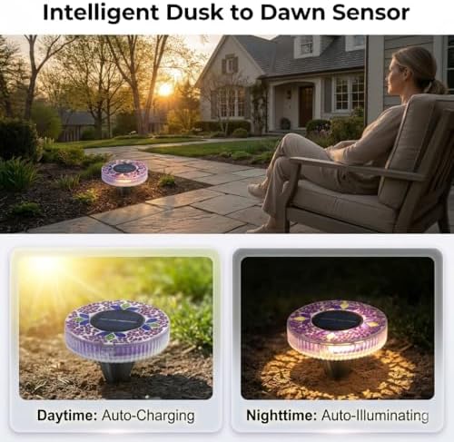 Solar Disk Lights Outdoor Waterproof, Decorative Mosaic Solar Ground Lights, Highly Weather-Resistant Landscape Lighting for Garden, Pathway, Walkway, Patio, Yard Decor (4, Purple) - Image 4