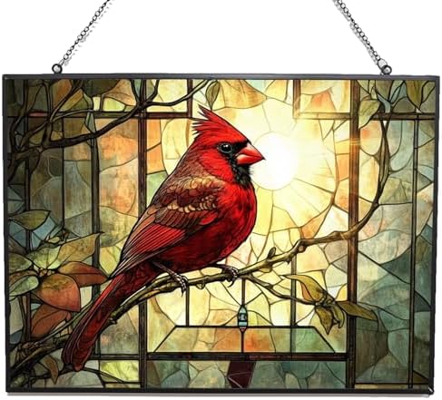 Vintage Cardinal On Branch Stained Glass Window Hanging, Colorful Sun Catchers Glass Panel Rectangle Suncatcher Decor for Birthday for Women, Men, Wife, Aunt, and Mom 15"x11" by 365CUSGIFTS