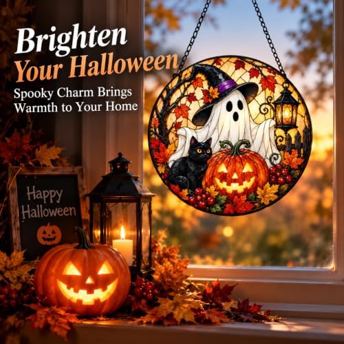 Halloween Ghost Suncatcher, Black Cat Maple Leaf Fall Window Hanging Ornament, Spooky Pumpkin Autumn Holiday Stained Glass Decor, Housewarming Gift for Halloween Party Porch 11.81" - Image 2