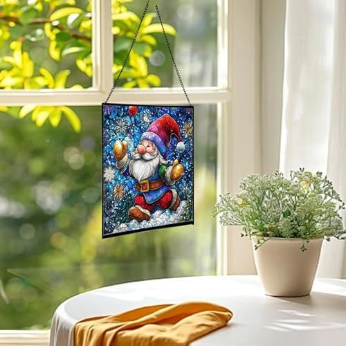 Snowball Gnome Joy Stained Glass Suncatcher – Square Hanging Window Panel for Home or Greenhouse – Whimsical Glass Art Gift for Garden Lovers, Christmas, Halloween, Father Days ukEpWQ - Image 3
