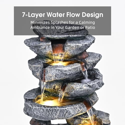 39" 7-Tier Cascading Rock Fountain - with LED Lights & Pump, Outdoor Garden Decor, Self-Contained Recirculating & Weather-Resistant (17 * 13 * 39") - Image 2
