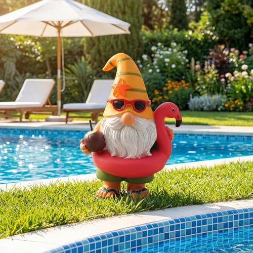 Lavezee Garden Gnome Statue Outdoor Decor, Solar Gnomes with Flamingo Figurine for Garden, Patio, Yard Decor, Summer Pool Party - Image 3