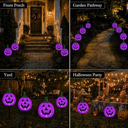 Solar Halloween Pumpkin Lights, 2 Pack Purple Pathway Stake Lights - Image 7